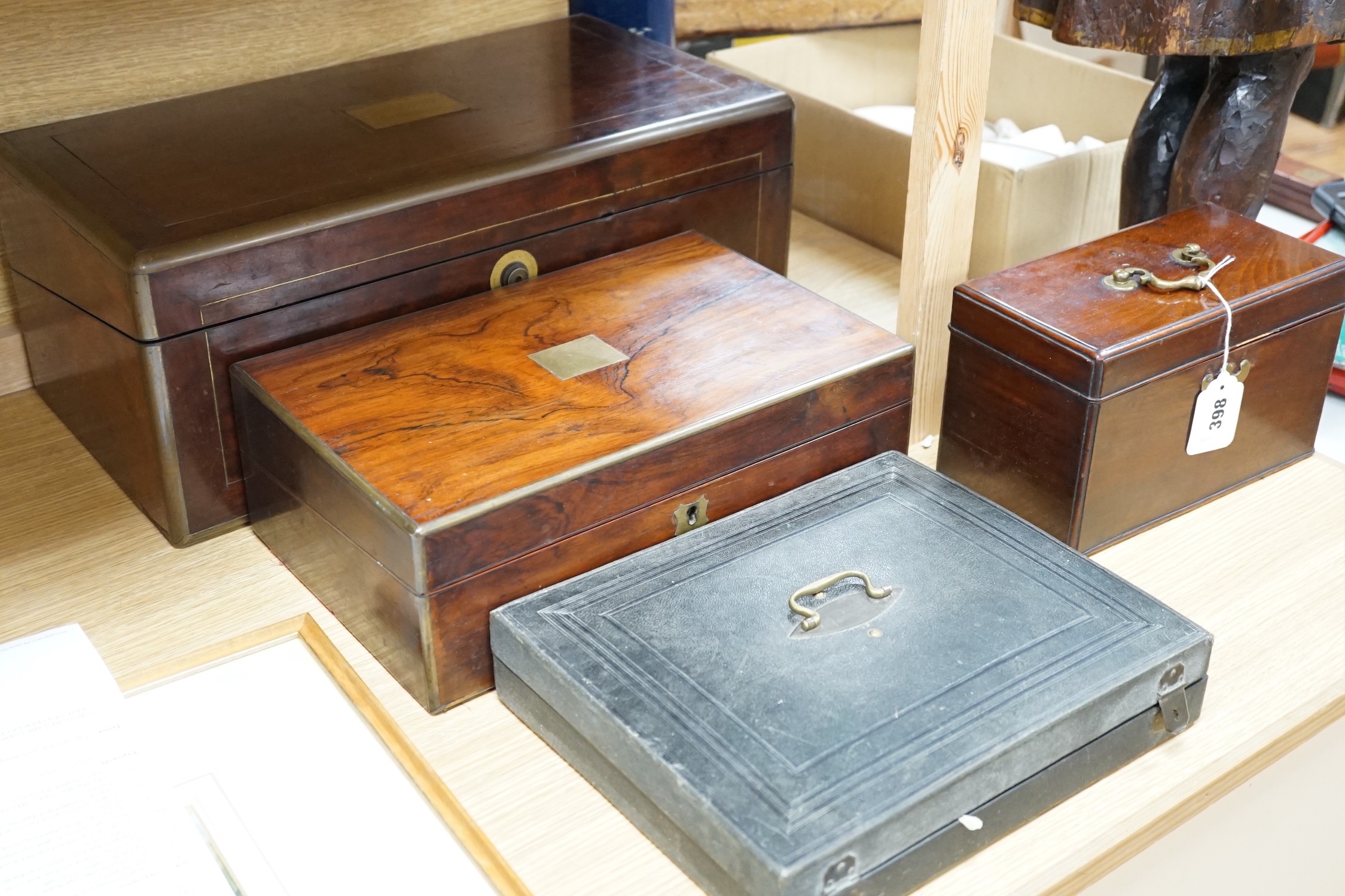 A Georgian three divisional tea caddy together with two writing slopes, largest writing slope 50cms wide x 20cm high, and a box containing cutlery